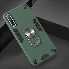 Silicone Matte Finish and Plastic Back Cover Case with Magnetic Finger Ring Stand for Huawei P smart S Green