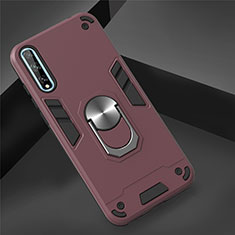 Silicone Matte Finish and Plastic Back Cover Case with Magnetic Finger Ring Stand for Huawei P smart S Red Wine