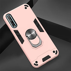 Silicone Matte Finish and Plastic Back Cover Case with Magnetic Finger Ring Stand for Huawei P smart S Rose Gold