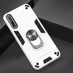 Silicone Matte Finish and Plastic Back Cover Case with Magnetic Finger Ring Stand for Huawei P smart S White