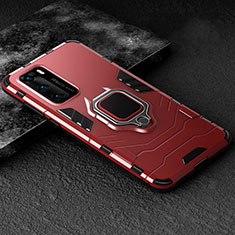 Silicone Matte Finish and Plastic Back Cover Case with Magnetic Finger Ring Stand for Huawei P40 Red