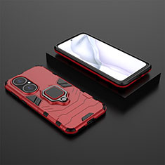 Silicone Matte Finish and Plastic Back Cover Case with Magnetic Finger Ring Stand for Huawei P50 Red