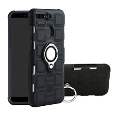 Silicone Matte Finish and Plastic Back Cover Case with Magnetic Finger Ring Stand for Huawei Y6 (2018) Black