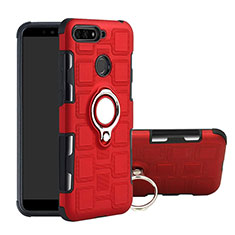 Silicone Matte Finish and Plastic Back Cover Case with Magnetic Finger Ring Stand for Huawei Y6 Prime (2018) Red