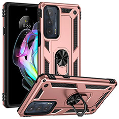 Silicone Matte Finish and Plastic Back Cover Case with Magnetic Finger Ring Stand for Motorola Moto Edge 20 5G Rose Gold