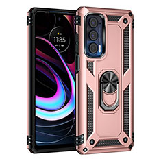 Silicone Matte Finish and Plastic Back Cover Case with Magnetic Finger Ring Stand for Motorola Moto Edge (2021) 5G Rose Gold