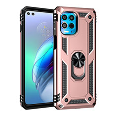 Silicone Matte Finish and Plastic Back Cover Case with Magnetic Finger Ring Stand for Motorola Moto Edge S 5G Rose Gold