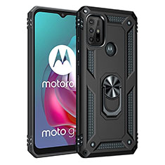 Silicone Matte Finish and Plastic Back Cover Case with Magnetic Finger Ring Stand for Motorola Moto G20 Black