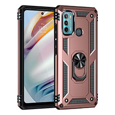 Silicone Matte Finish and Plastic Back Cover Case with Magnetic Finger Ring Stand for Motorola Moto G60 Rose Gold