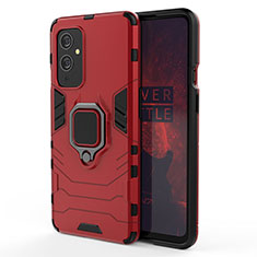 Silicone Matte Finish and Plastic Back Cover Case with Magnetic Finger Ring Stand for OnePlus 9 5G Red