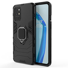 Silicone Matte Finish and Plastic Back Cover Case with Magnetic Finger Ring Stand for OnePlus 9R 5G Black