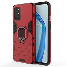 Silicone Matte Finish and Plastic Back Cover Case with Magnetic Finger Ring Stand for OnePlus 9R 5G Red