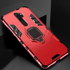 Silicone Matte Finish and Plastic Back Cover Case with Magnetic Finger Ring Stand for Oppo A11 Red