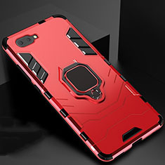 Silicone Matte Finish and Plastic Back Cover Case with Magnetic Finger Ring Stand for Oppo AX5 Red