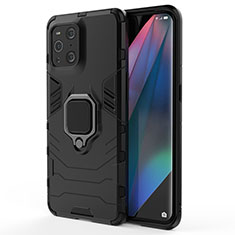 Silicone Matte Finish and Plastic Back Cover Case with Magnetic Finger Ring Stand for Oppo Find X3 Pro 5G Black