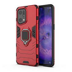 Silicone Matte Finish and Plastic Back Cover Case with Magnetic Finger Ring Stand for Oppo Find X5 Pro 5G Red