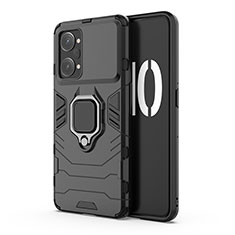Silicone Matte Finish and Plastic Back Cover Case with Magnetic Finger Ring Stand for Oppo K10 Pro 5G Black
