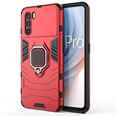 Silicone Matte Finish and Plastic Back Cover Case with Magnetic Finger Ring Stand for Oppo K9 Pro 5G Red