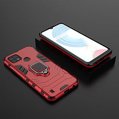 Silicone Matte Finish and Plastic Back Cover Case with Magnetic Finger Ring Stand for Realme C21 Red