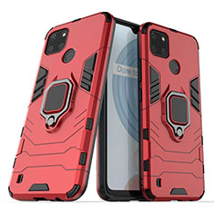 Silicone Matte Finish and Plastic Back Cover Case with Magnetic Finger Ring Stand for Realme C21Y Red