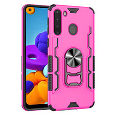 Silicone Matte Finish and Plastic Back Cover Case with Magnetic Finger Ring Stand for Samsung Galaxy A21 Hot Pink