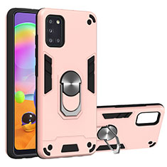 Silicone Matte Finish and Plastic Back Cover Case with Magnetic Finger Ring Stand for Samsung Galaxy A31 Rose Gold