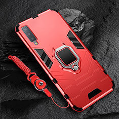 Silicone Matte Finish and Plastic Back Cover Case with Magnetic Finger Ring Stand for Samsung Galaxy A7 (2018) A750 Red