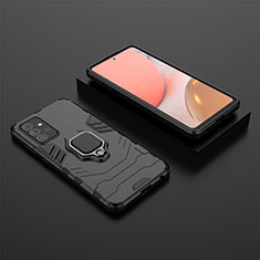 Silicone Matte Finish and Plastic Back Cover Case with Magnetic Finger Ring Stand for Samsung Galaxy A72 4G Black