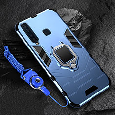 Silicone Matte Finish and Plastic Back Cover Case with Magnetic Finger Ring Stand for Samsung Galaxy A9 Star Pro Blue