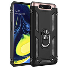 Silicone Matte Finish and Plastic Back Cover Case with Magnetic Finger Ring Stand for Samsung Galaxy A90 4G Black