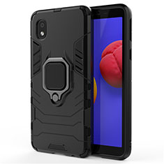 Silicone Matte Finish and Plastic Back Cover Case with Magnetic Finger Ring Stand for Samsung Galaxy M01 Core Black