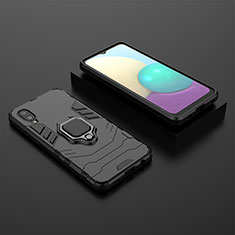 Silicone Matte Finish and Plastic Back Cover Case with Magnetic Finger Ring Stand for Samsung Galaxy M02 Black