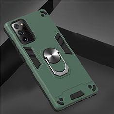 Silicone Matte Finish and Plastic Back Cover Case with Magnetic Finger Ring Stand for Samsung Galaxy Note 20 5G Green