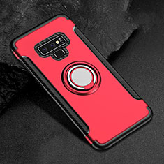 Silicone Matte Finish and Plastic Back Cover Case with Magnetic Finger Ring Stand for Samsung Galaxy Note 9 Red