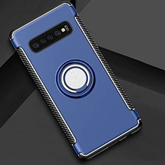 Silicone Matte Finish and Plastic Back Cover Case with Magnetic Finger Ring Stand for Samsung Galaxy S10 Blue