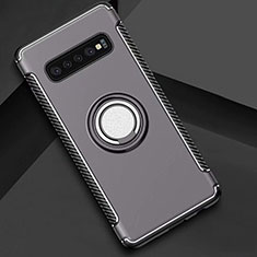 Silicone Matte Finish and Plastic Back Cover Case with Magnetic Finger Ring Stand for Samsung Galaxy S10 Dark Gray