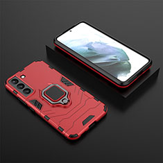 Silicone Matte Finish and Plastic Back Cover Case with Magnetic Finger Ring Stand for Samsung Galaxy S23 5G Red