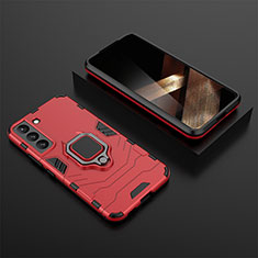 Silicone Matte Finish and Plastic Back Cover Case with Magnetic Finger Ring Stand for Samsung Galaxy S24 5G Red