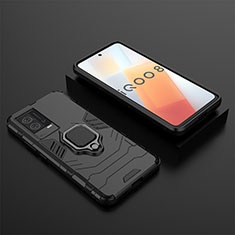 Silicone Matte Finish and Plastic Back Cover Case with Magnetic Finger Ring Stand for Vivo iQOO 8 5G Black