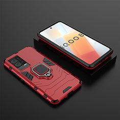 Silicone Matte Finish and Plastic Back Cover Case with Magnetic Finger Ring Stand for Vivo iQOO 8 5G Red