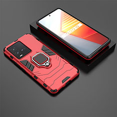 Silicone Matte Finish and Plastic Back Cover Case with Magnetic Finger Ring Stand for Vivo iQOO 9T 5G Red