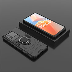 Silicone Matte Finish and Plastic Back Cover Case with Magnetic Finger Ring Stand for Vivo iQOO Neo6 5G Black