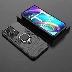 Silicone Matte Finish and Plastic Back Cover Case with Magnetic Finger Ring Stand for Vivo T1 4G Black