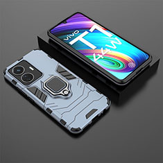 Silicone Matte Finish and Plastic Back Cover Case with Magnetic Finger Ring Stand for Vivo T1 4G Blue