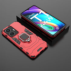 Silicone Matte Finish and Plastic Back Cover Case with Magnetic Finger Ring Stand for Vivo T1 4G Red