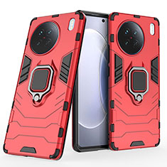Silicone Matte Finish and Plastic Back Cover Case with Magnetic Finger Ring Stand for Vivo X90 5G Red