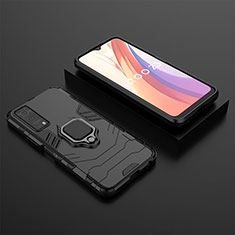 Silicone Matte Finish and Plastic Back Cover Case with Magnetic Finger Ring Stand for Vivo Y72 5G Black