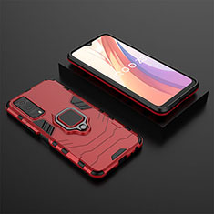 Silicone Matte Finish and Plastic Back Cover Case with Magnetic Finger Ring Stand for Vivo Y75s 5G Red