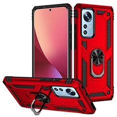 Silicone Matte Finish and Plastic Back Cover Case with Magnetic Finger Ring Stand for Xiaomi Mi 12 Pro 5G Red