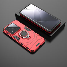 Silicone Matte Finish and Plastic Back Cover Case with Magnetic Finger Ring Stand for Xiaomi Mi 14 Pro 5G Red